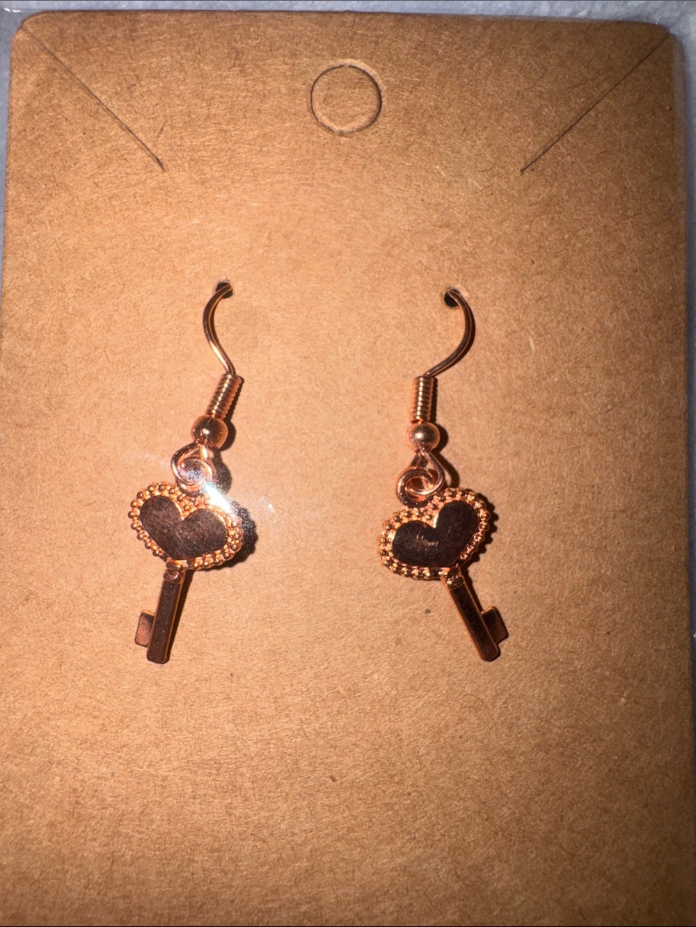Heart Key Dangle Earrings in Rose Gold